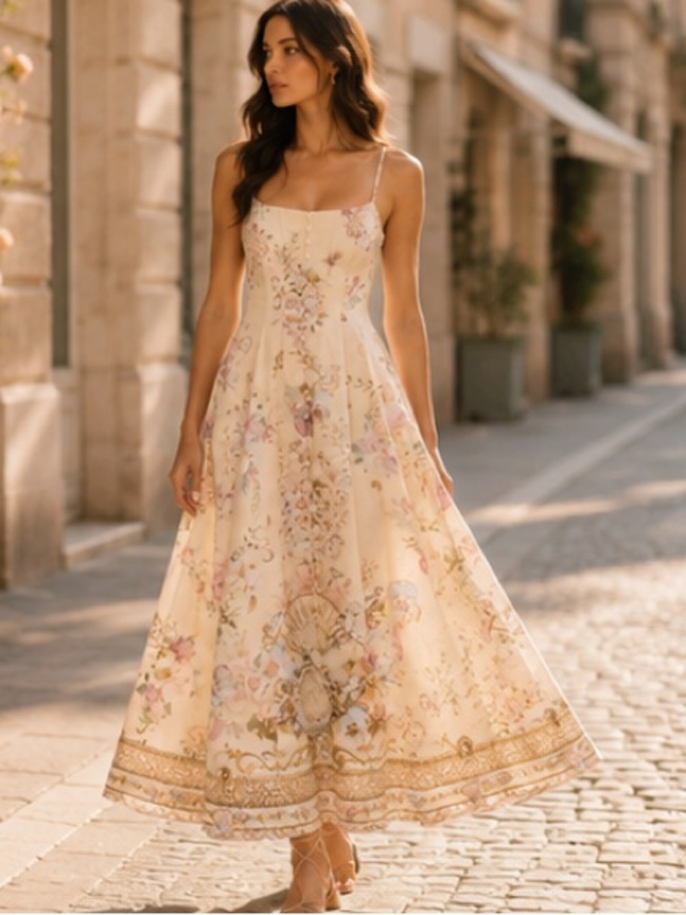 Floral Cream Midi Sundress with Delicate Print - Picture 2 of 12